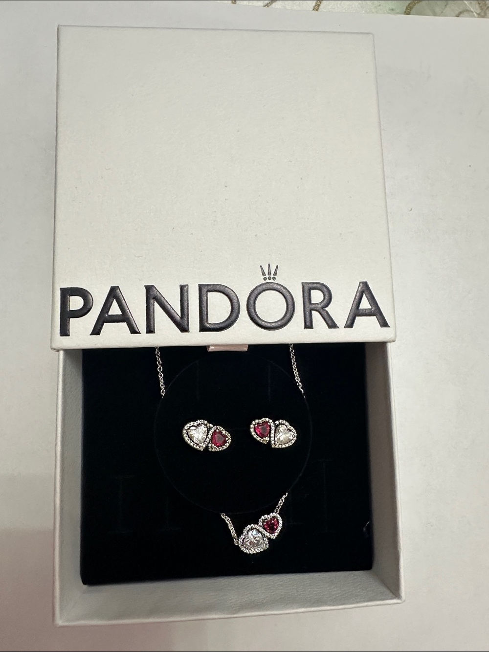 Pandora Silver Necklace and Stud Earrings with Red and White Hearts
